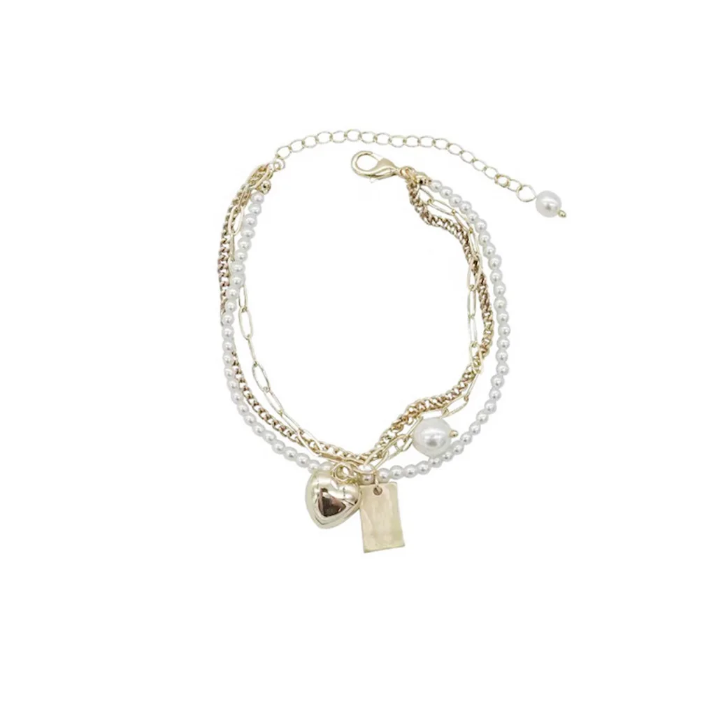 

7Rings Trendy Fashion Style Cute Three Layer Pearl Heart Gold Bracelet for Women Girl Students Jewelry Accessories Gifts
