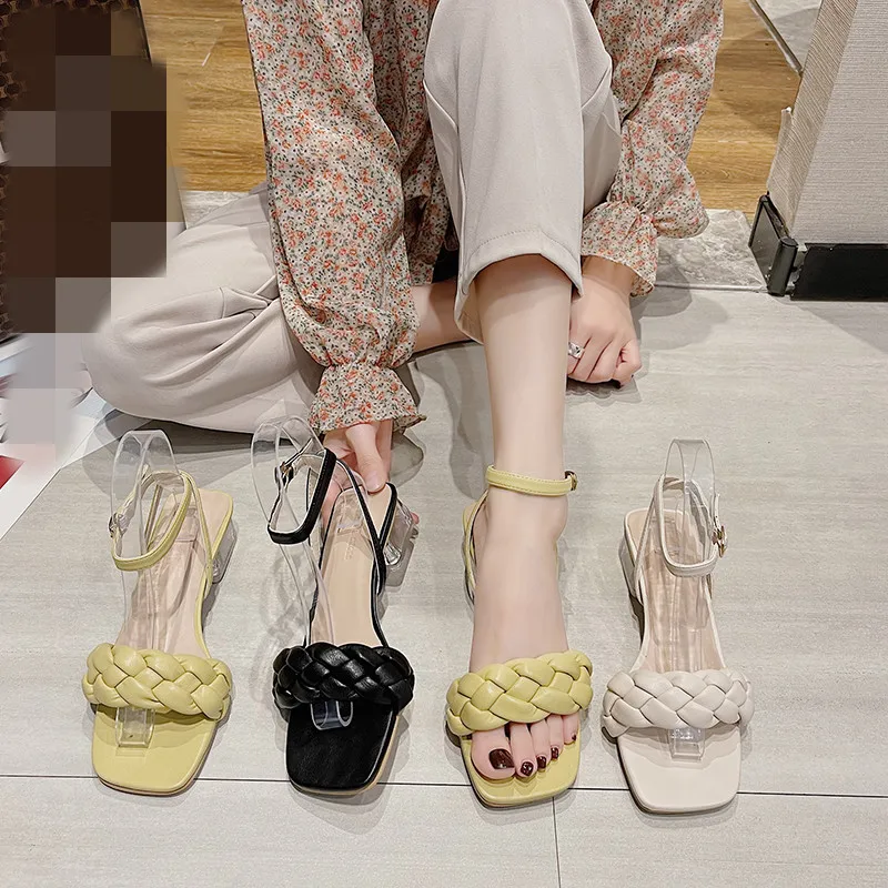 

Beige Heeled Sandals Breathable Low-Heeled Shoes With Strap 2021 Women's Black Low-heeled New Rhinestone High Retro Fashion Buck