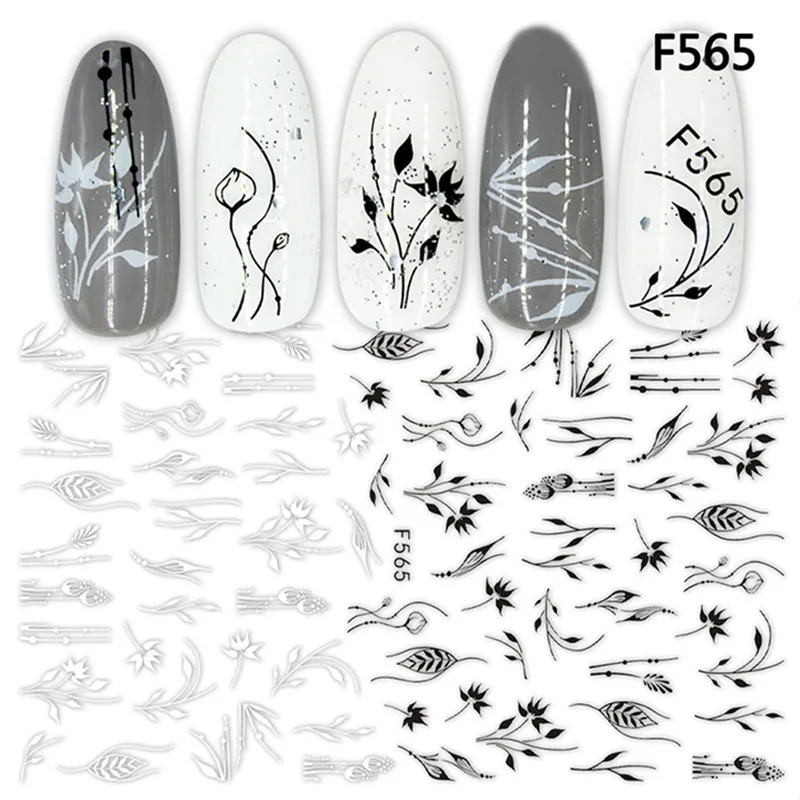 F565 1 шт. черно-белые стикеры 3D на ногти Nail Art ползунки цветы Мандала лист геометрические наклейки для ногтей Фольга Дизайн Маникюр украшения - Цвет: F565