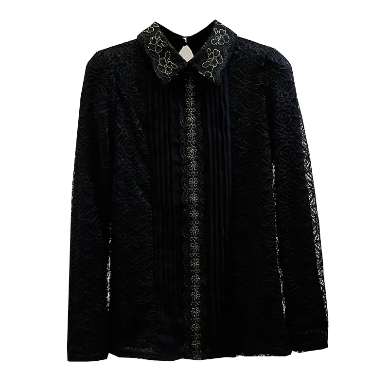 

Plus Size Women's Shirt New Arrival Chiffon Stitching Lapel Black Blouse Hollow-out Lace Blouses Elegant Office Lady Top Blusas