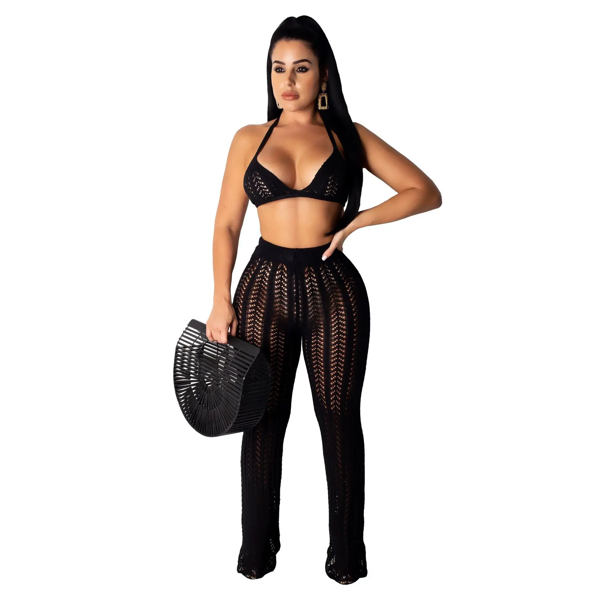 

2021 summer new European and American sexy women's fashion knitted mesh hollow perspective two-piece suit