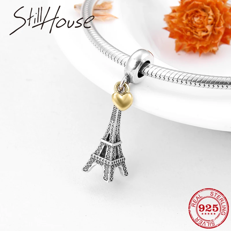 Подвеска в виде Эйфелевой башни с золотым сердцем серебро 925 пробы | Украшения и