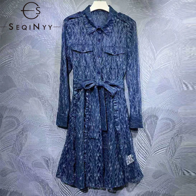 

SEQINYY Lace Shirt Dress Spring Summer New Fashion Design Women Runway High Quality Pocket Ruffles Knee Belt Office Lady