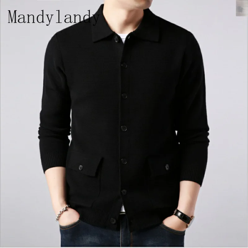 

Mandylandy Sweater Coat Mens Long Sleeve Single-Breasted Pocket Turn-down Collar Sweater Autumn Winter Straight Cardigan Sweater