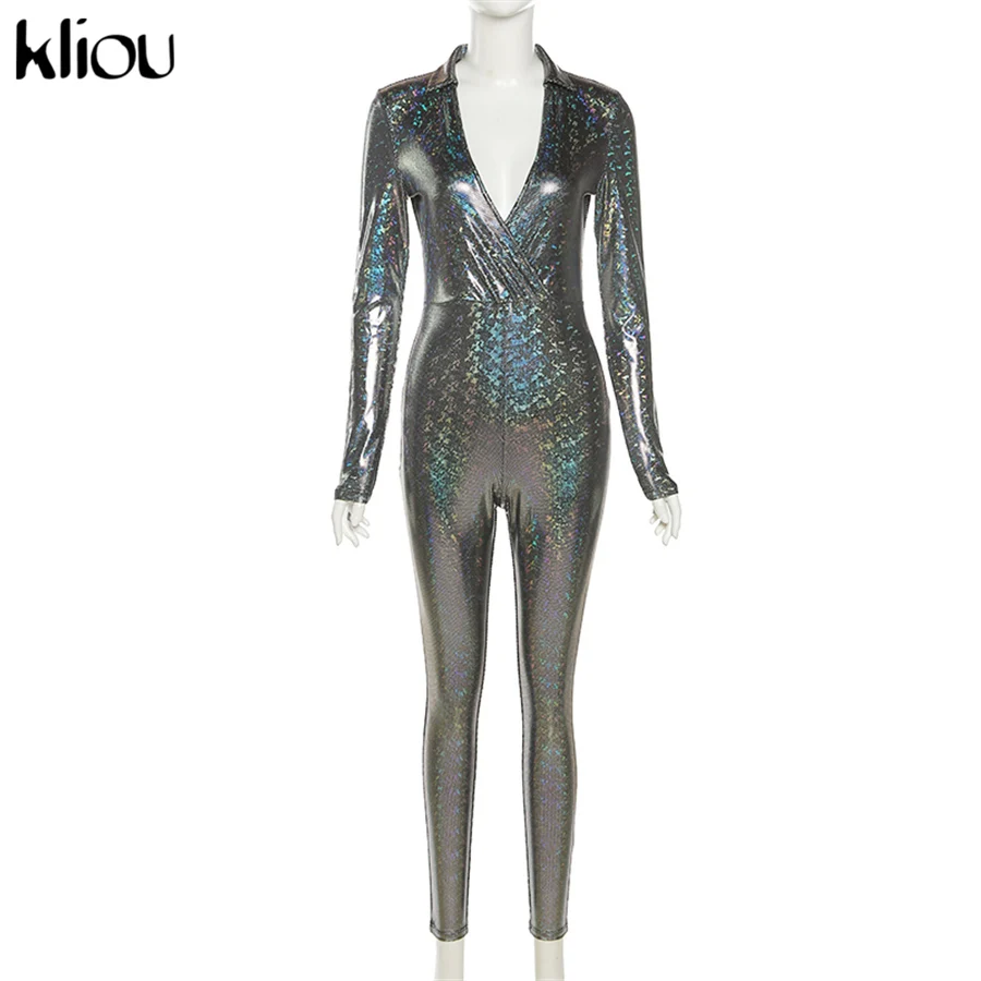 

Kliou Stunning Shiny Jumpsuit Women Sexy Mesh Sheath Body-Shaping Party Style Midnight Long Sleeve V-Neck Female High Streetwear