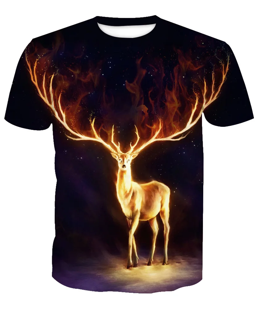 Deer European and American Trend Digital Printing Short-sleeved T-shirt Male | Мужская одежда