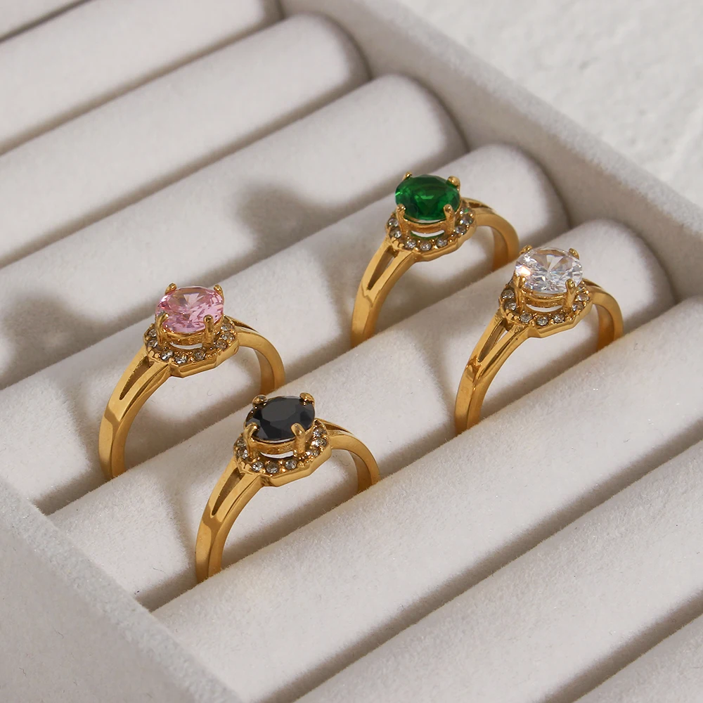 Anello in pietra CZ con polsino ovale rotondo in acciaio al titanio placcato in oro 18 carati anello classico in zircone rosa nero bianco verde Vintage