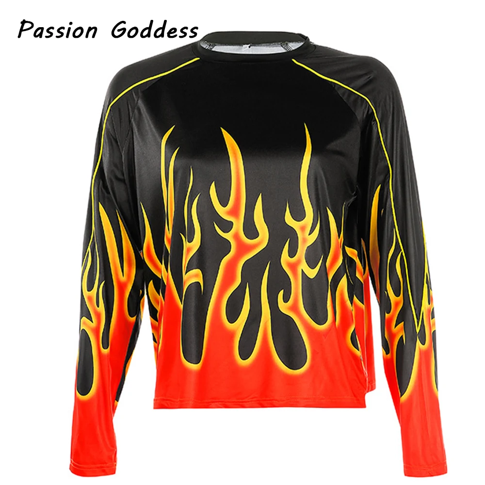 Sweatshirt Харадзюку крутая Женская толстовка с принтом пламени наряды с рисунком огня свободные свитера с круглым вырезом для хип-хопа танцевальные пуловеры велосипедист бегун толстовки - Цвет: Sweatshirt