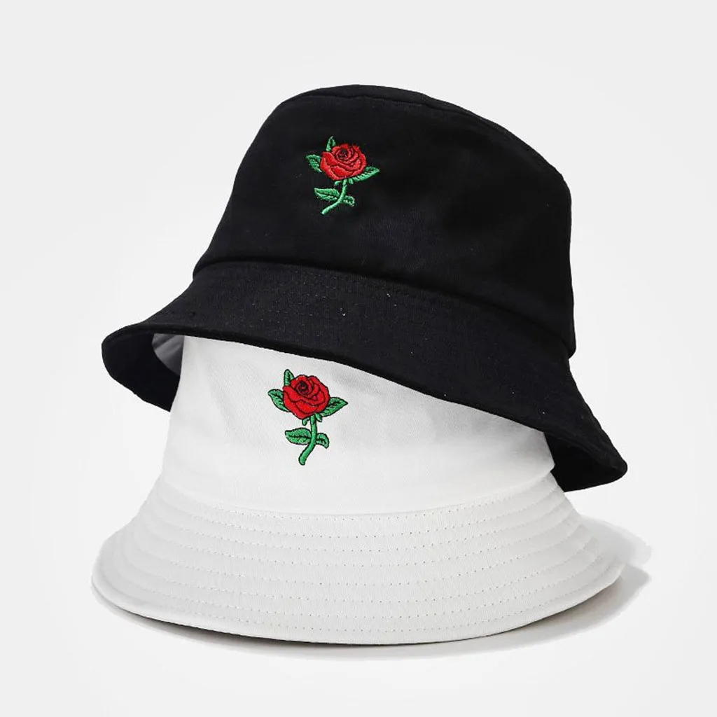

Unisex Rose Embroidery Print Girl Fisherman Hat Women Foldable Creative Outdoor Fashion Basin Cap Bucket Sun Hat Beanies #Y