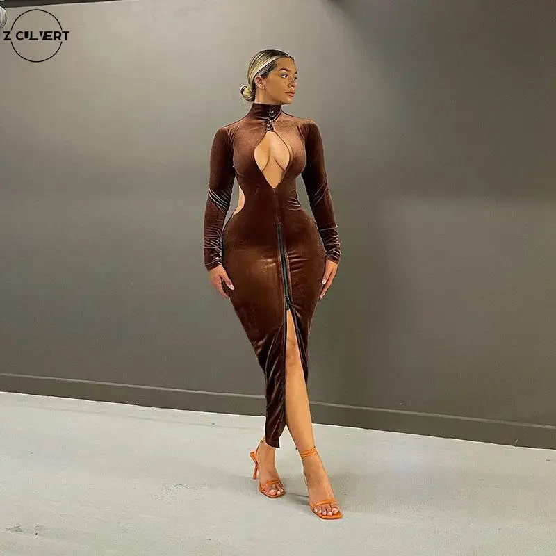 

2021 autumn and winter new women's buckle collar sexy hollow bag butt slim velvet dress women Long Sleeve fashion Bodycon Solid