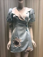 2021 women dress vintage mini blue rhinestone diamonds beading puff sleeve party club fashion robes vestido harajuku korean lady