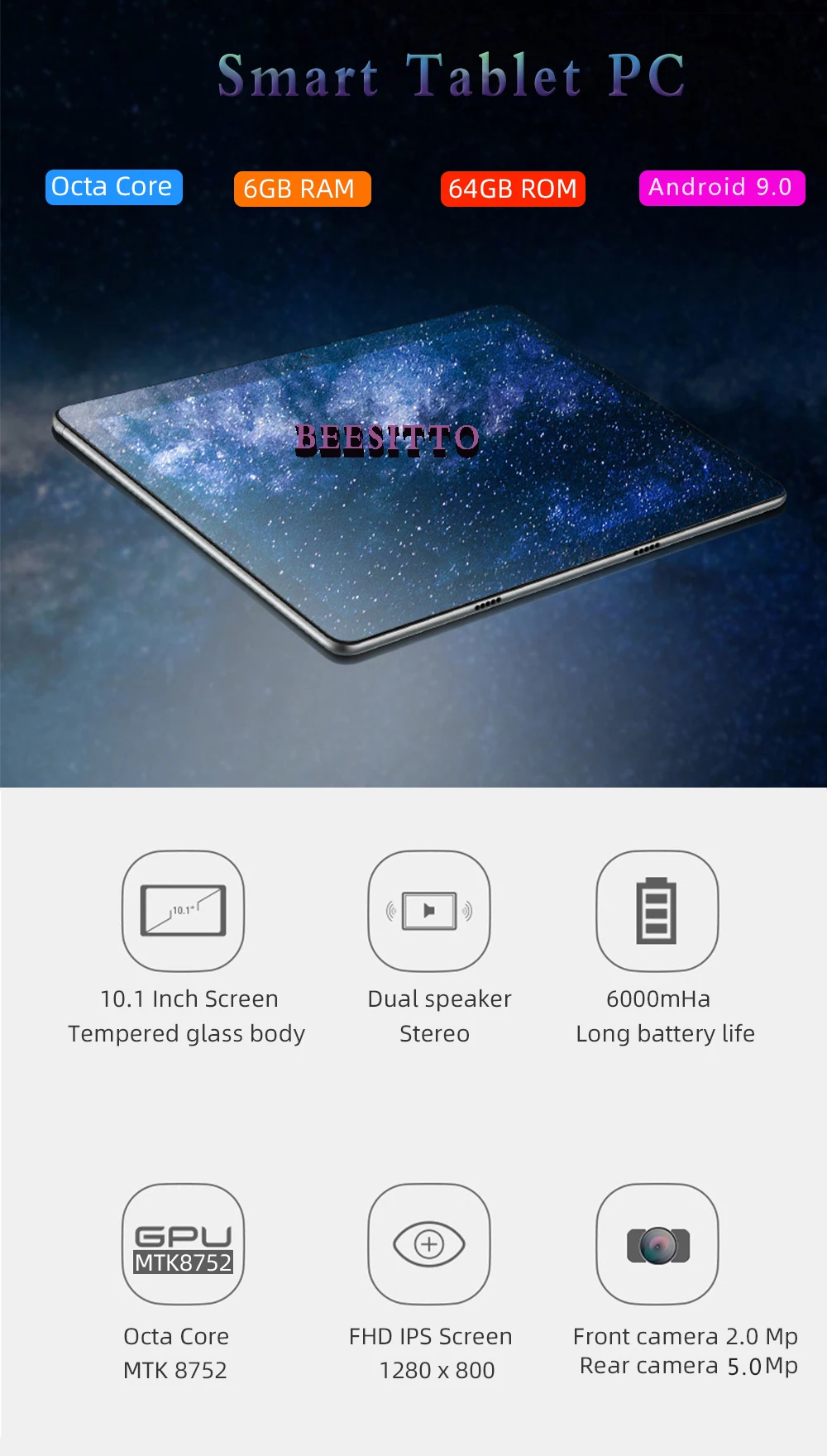 New10 дюймов планшетный ПК Восьмиядерный Android 9,0 WiFi Две sim-карты 4G планшеты LTE 10,1 6 Гб ram 64 Гб rom закаленное 2.5D стекло