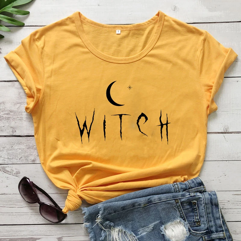 Женская футболка WITCH под луной и звездами Забавные Рубашки На Хэллоуин футболки в