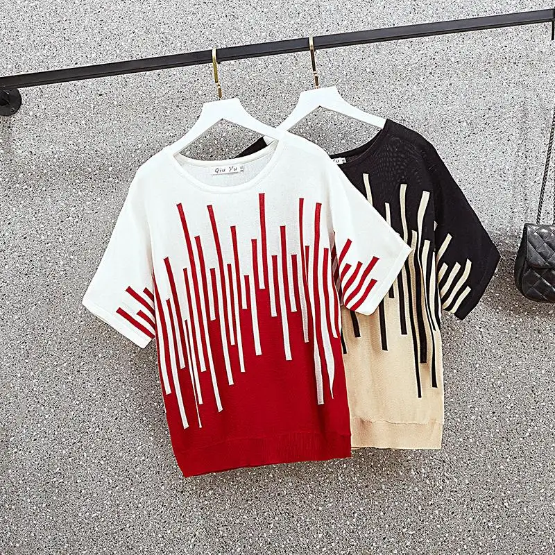 

XL-3XL Large size ladies summer new short-sleeved loose casual Stripe vintage Oversized knitting sweater pullover jumper mujer