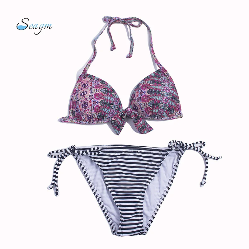 Комплект бикини женский с чашками пуш-ап и принтом купальный костюм в полоску