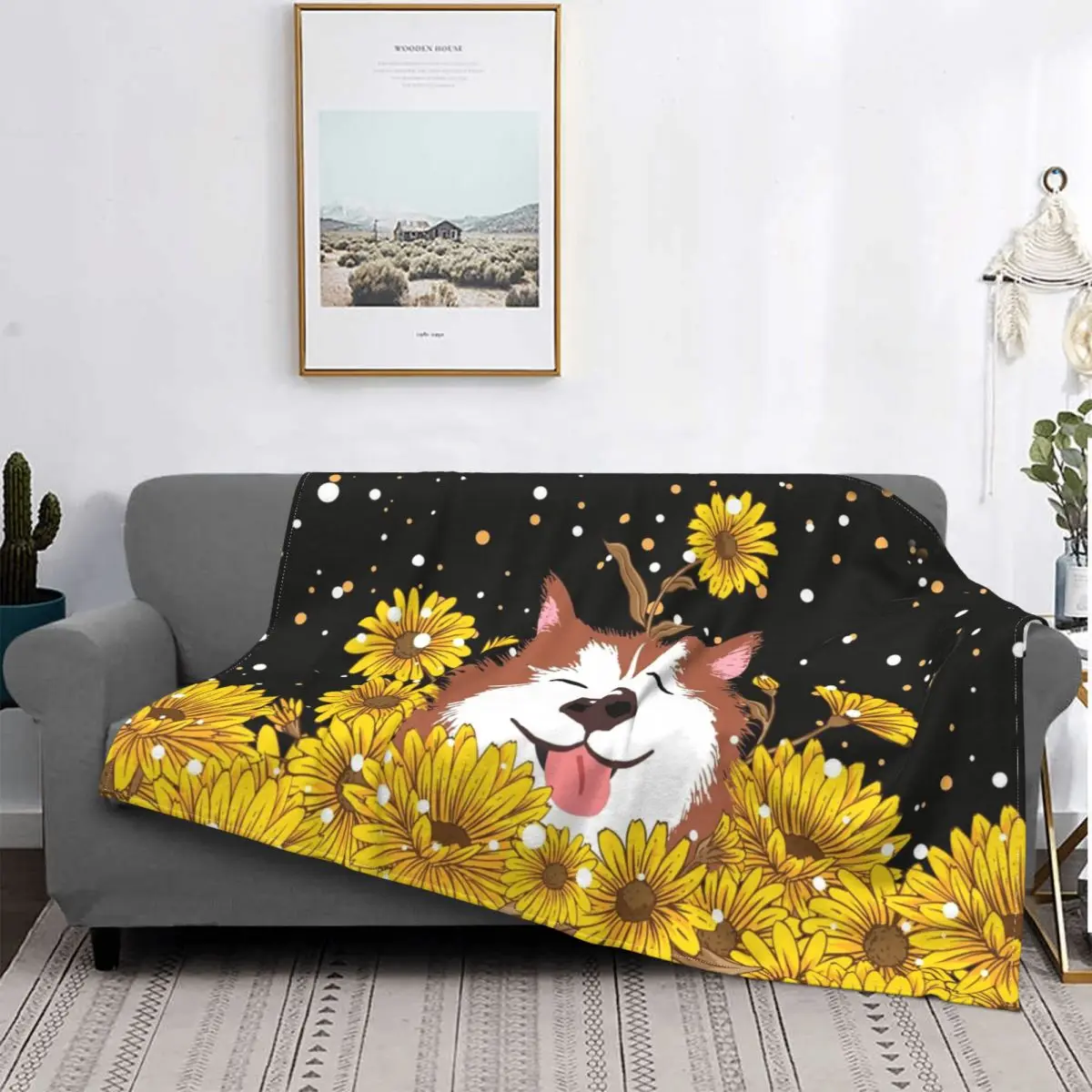 

Red Siberian Husky Dog And Sunflowers Blankets For Home Decor Super Soft Flannel Fleece Blankets and Throws Suprise Gifts
