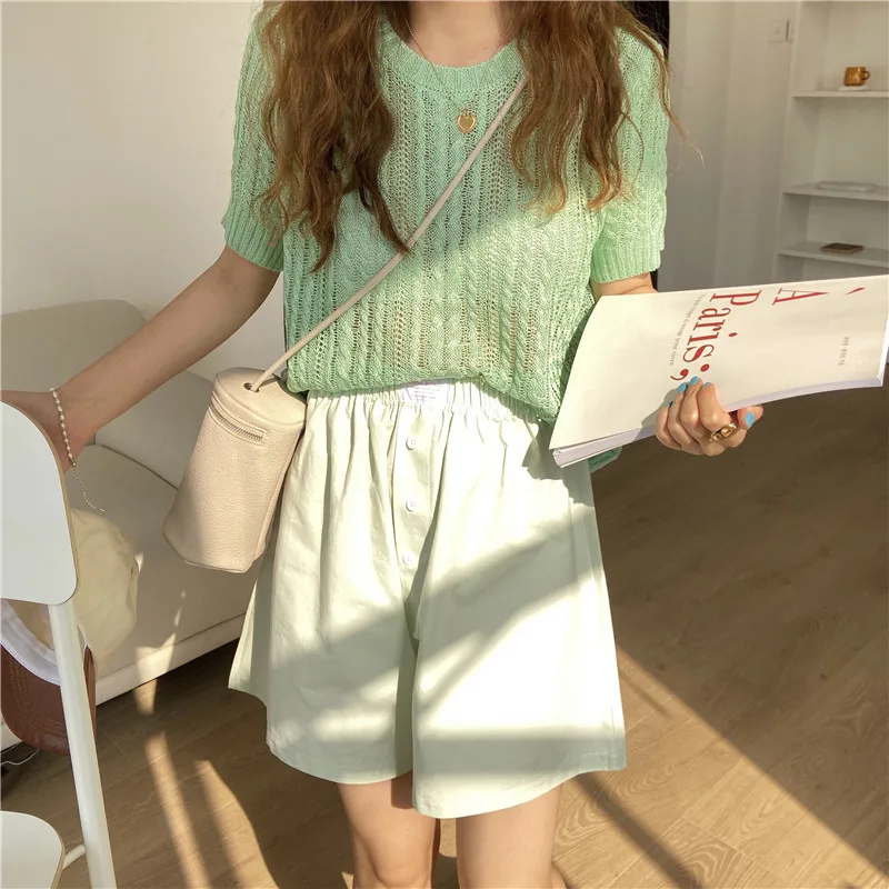 

Twisted Thin Knitted Pullover Kniwear Summer Women Short Sleeve O-neck Tops Sweater Korean Fashion Solid Ladies Jumpers 2021