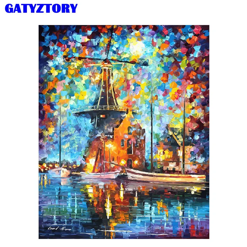 

Frame Picture Windmill Landscapes DIY Painting By Numbers Handpainted Canvas Painting For Living Room Home Decoration 40x50cm