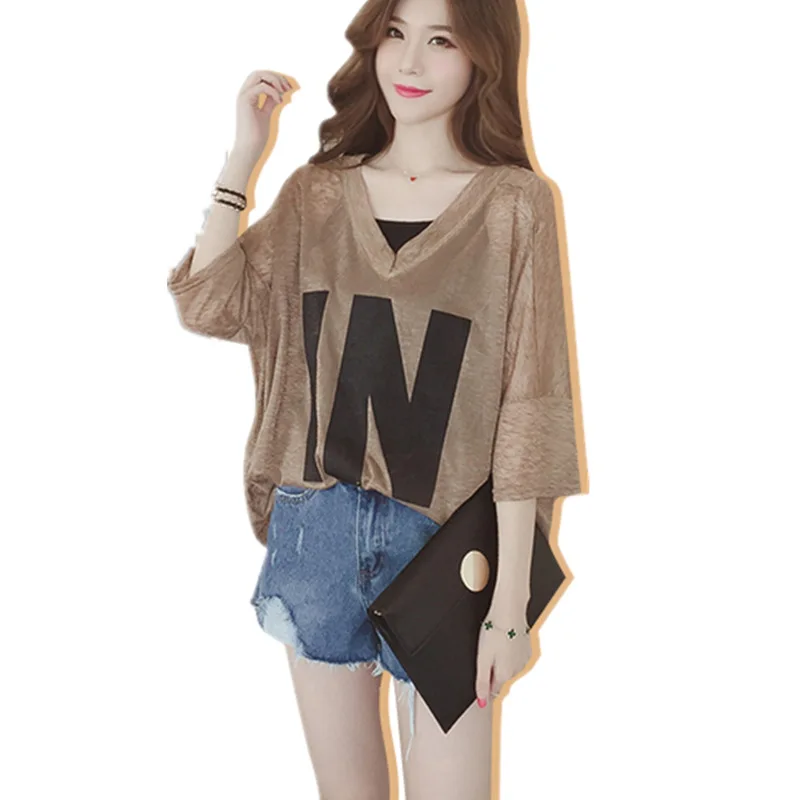 

Large size T-shirt female new summer fat sister Korean version of loose V-neck blouse suspenders two-piece casual short-sleeved