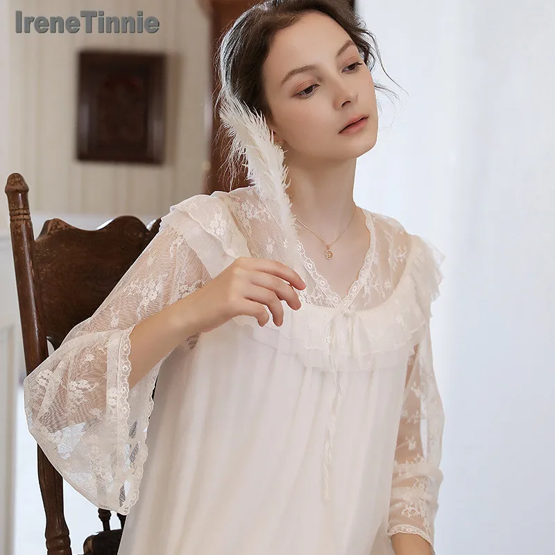 

Irene Tinnie Vintage Lace Women's Long Nightgowns Long Sleeve Elegant Princess Long Sleepwear Royal Loose Nightdress Spring Autu