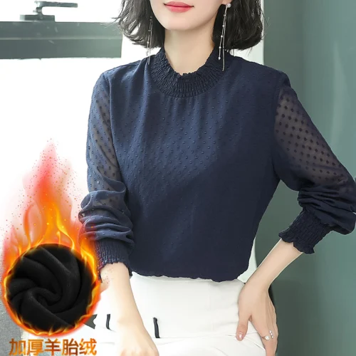 Женская шифоновая блузка осенне зимняя Облегающая рубашка с буфами на рукавах