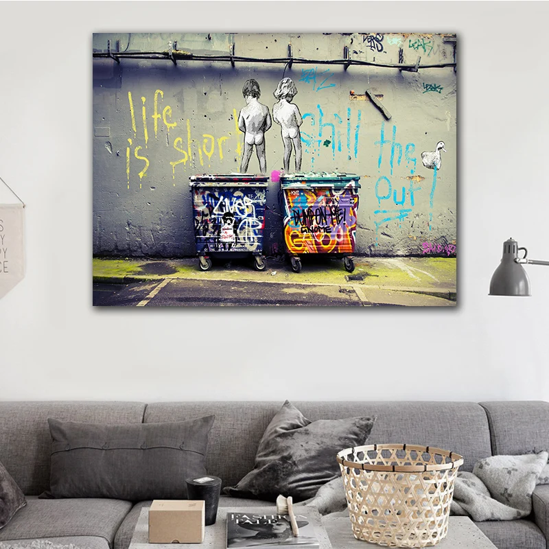 Картина на холсте с изображением двух мальчиков Настенная картина граффити Life is