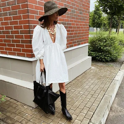 

New V Neck Sexy Black Dress Women Puff Sleeve A Line Ladies Dress High Waist Casual Elegant Autumn Winter White Dresses