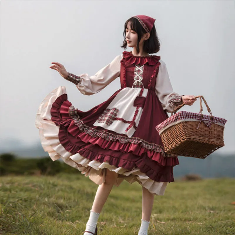 

England Style Vintage Sweet Lolita Dress Falbala Lattice Patchwork Victorian Dresses Kawaii Girl Gothic Lolita Op Loli Cosplay