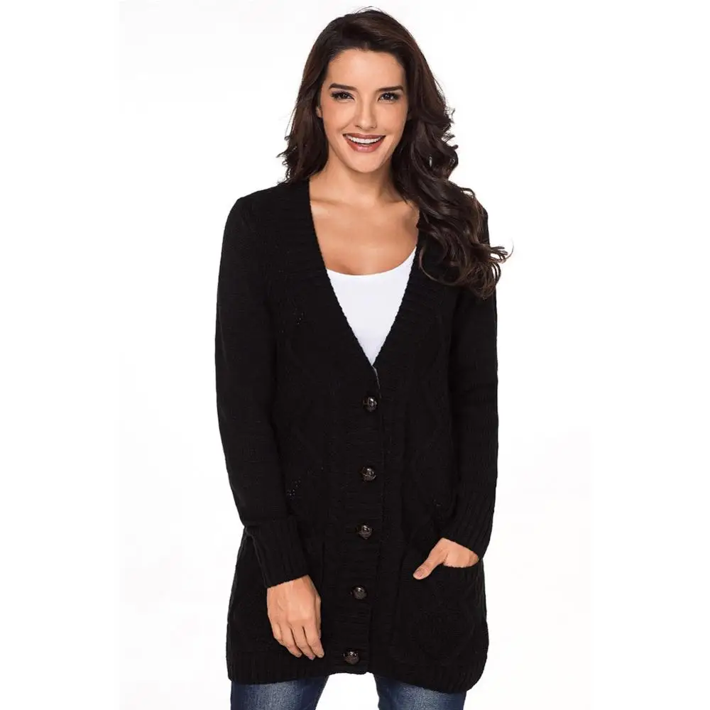 

Winter Women's Knitted Sweater Lady New Arrival Cardigan Single Row Button Pocket Cable Coats Female Mid-Length Clothing Tops