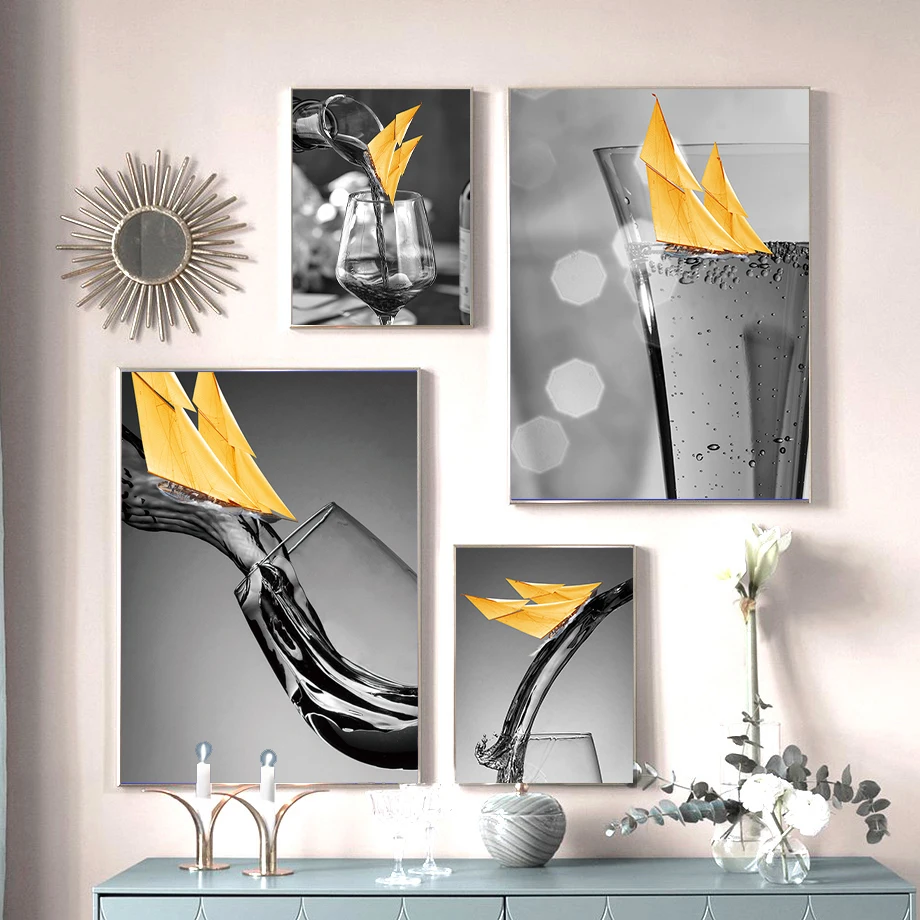 

Modern Yellow Boat Red Wine Kitchen Poster Black White Canvas Print Wall Art Painting Picture Dining Room Restaurant Decoration