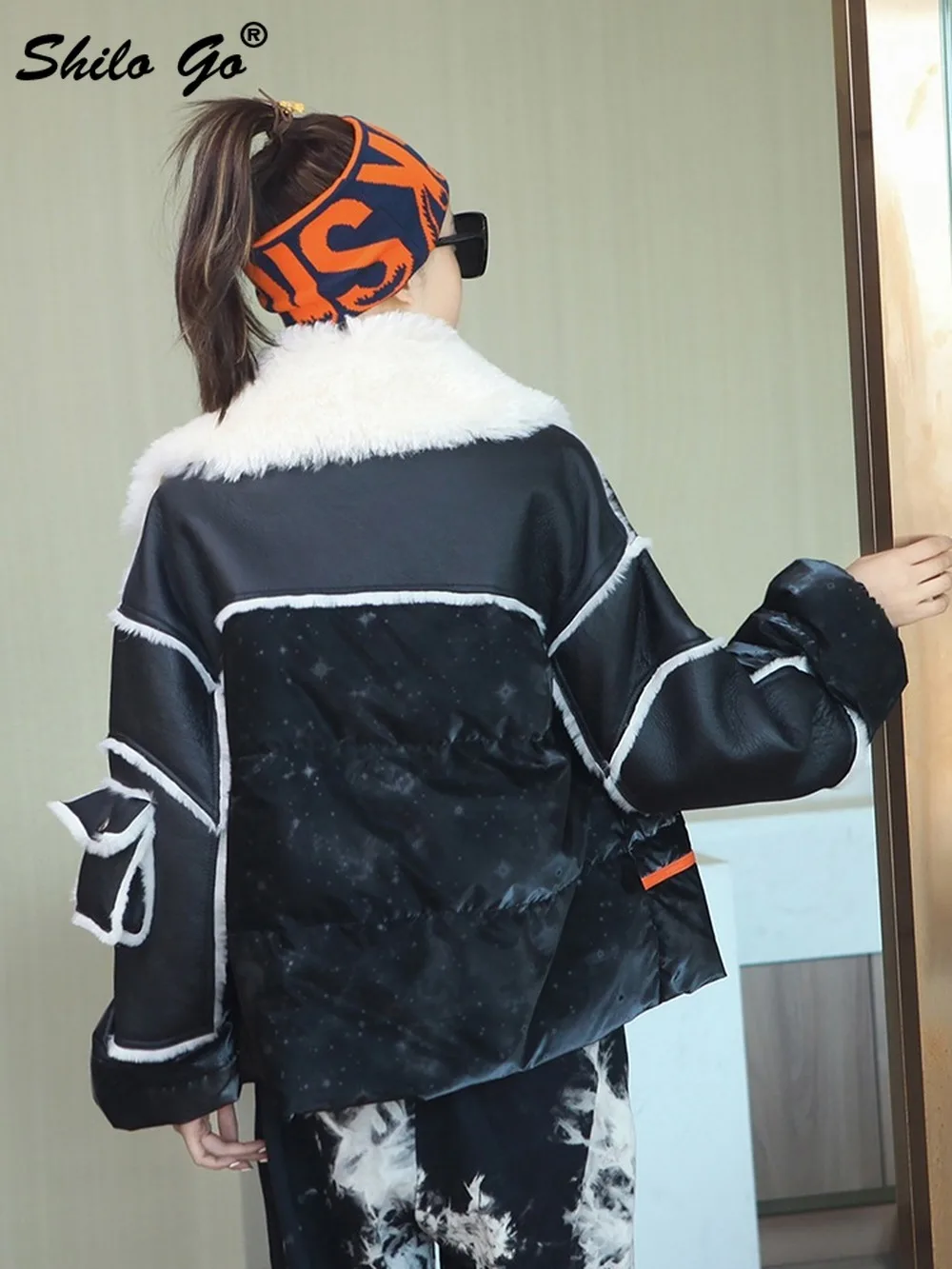 

Safari Style Pocket Detail Drop Shoulder Double Faced Fur Coat Women Casual Peter Pan Collar Down Parkas Genuine Leather Outwear