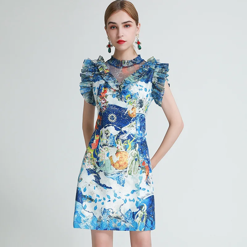 

2020 AUTUMN PRINT MESH PATCHWORK SLEEVELESS DRESS