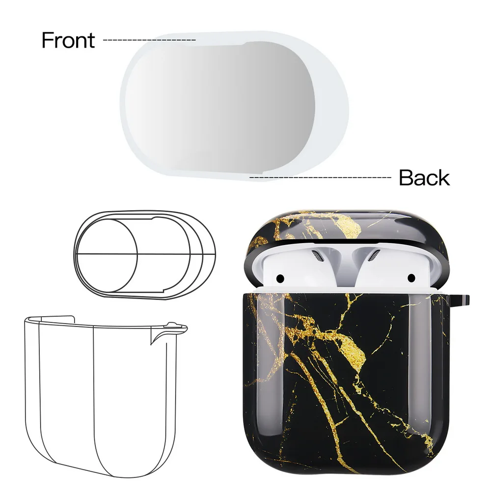 Роскошный чехол из мягкого ТПУ чехол для наушников Apple Airpods 1 2 глянцевый IMD черный и Золотой Мрамор Дизайн чехол для наушников с вешалкой крюк