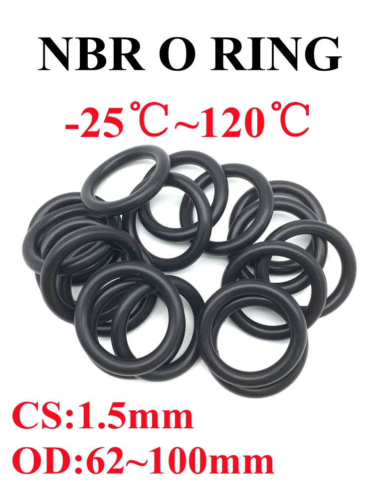 

10pcs Black O Ring Gasket CS1.5mm OD 62mm ~ 100mm NBR Automobile Nitrile Rubber Round O Type Corrosion Oil Resist Sealing Washer