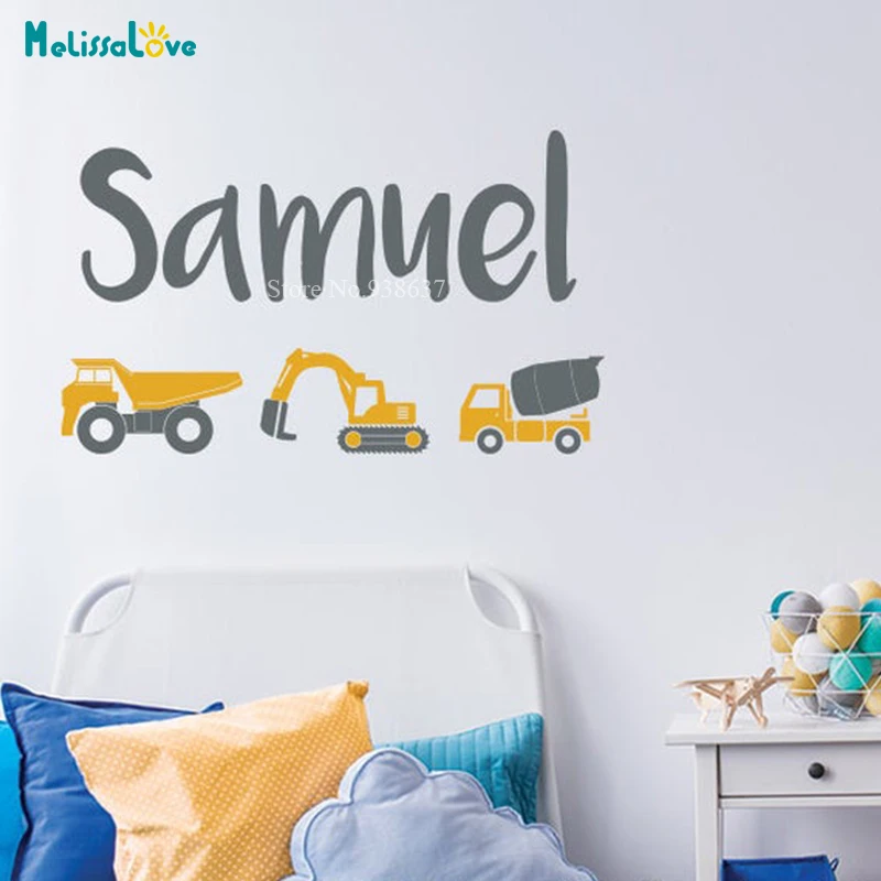 

Personlized Construction Trucks Custom Name Sticker Baby Room Decal Kids Wall Decals Vinyl Stickers BA443