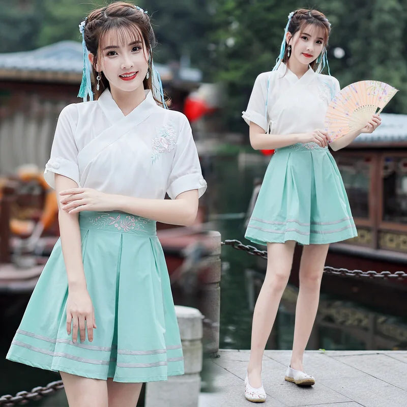 

Hanfu Женский маленький костюм Древняя китайская Летняя короткая заметка, одежда на каждый день, улучшенная Хан элемент в древнем стиле костю...