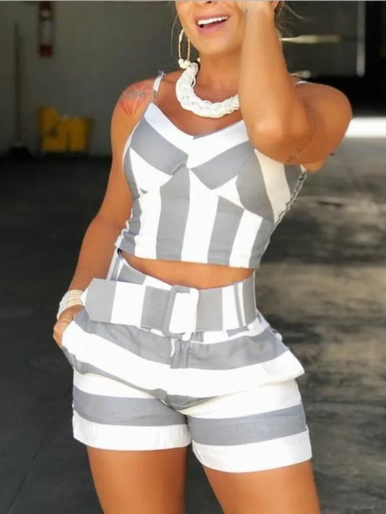 Топ и шорты женские полосатые с V образным вырезом шорты| |