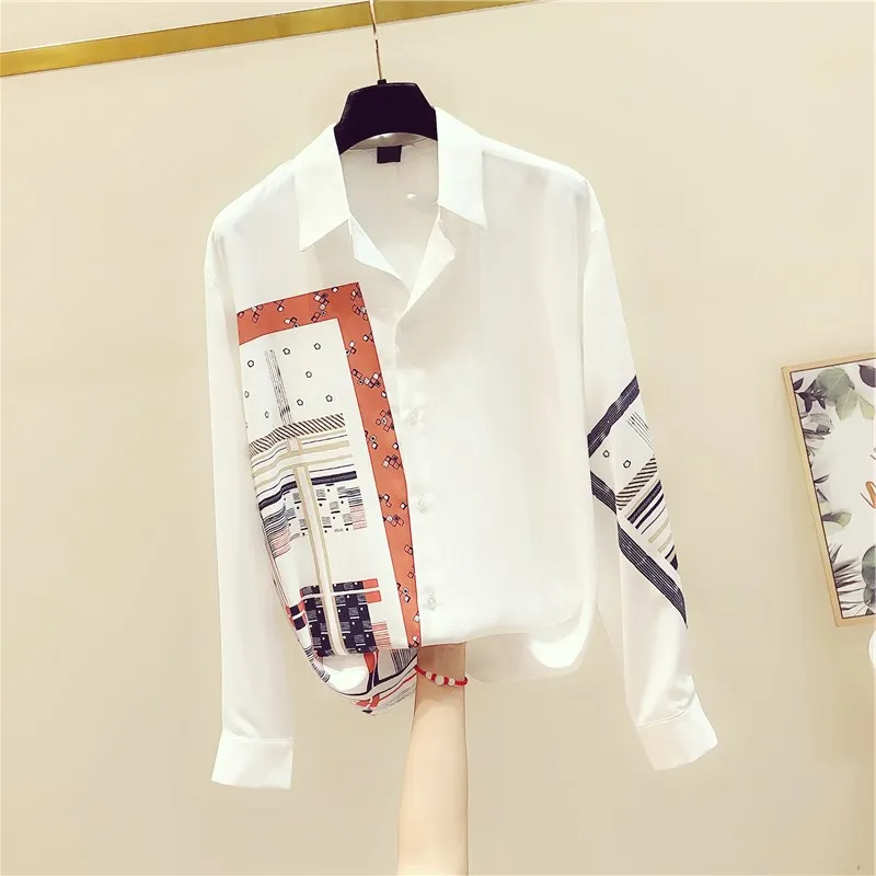 Женская рубашка с длинным рукавом тонкая Свободная блузка принтом корейская