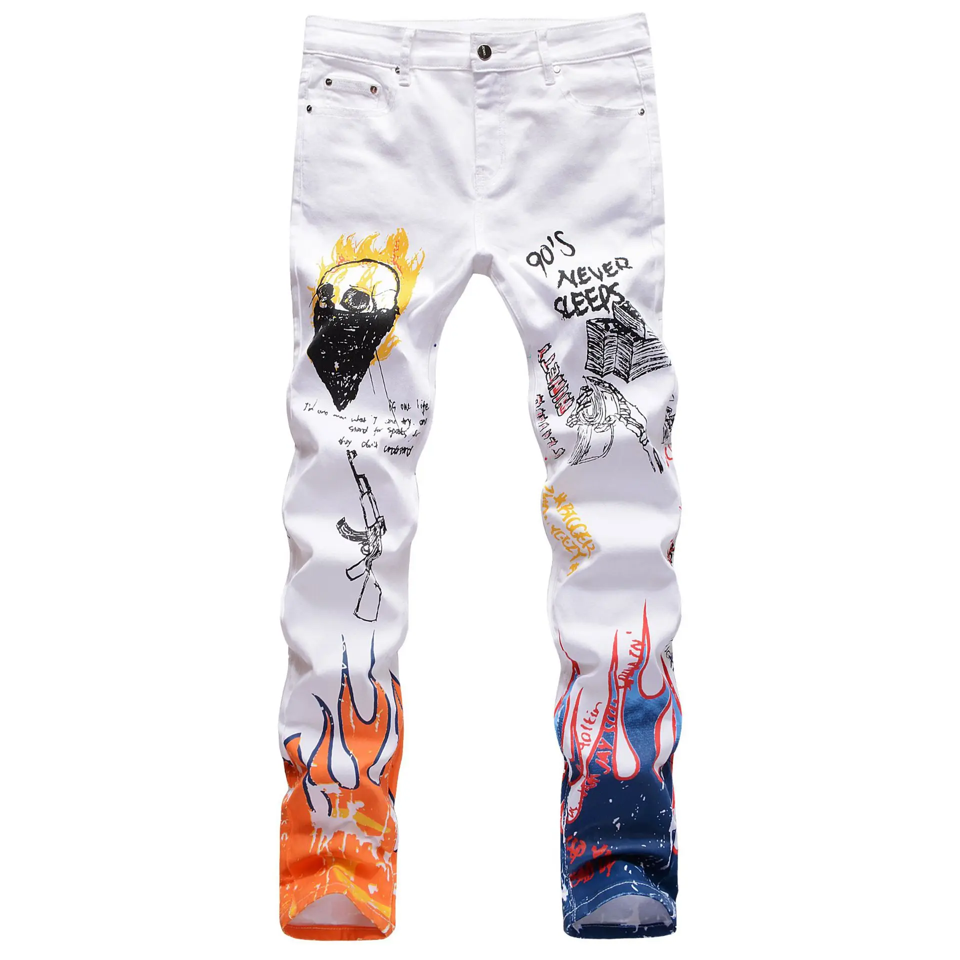 

Original Fashion Brand High Street Mens Stretch Slim Jeans 3D Color Black White Jeans Skull Graffiti Streetwear Men Denim Pants
