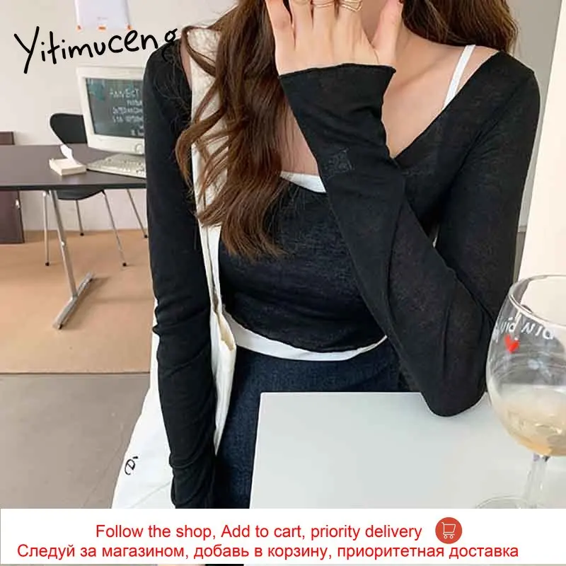

Yitimuceng T Shirts and Camis Tees 2 Piece Suit Women Skinny Unicolor Blue Black Pink Tops 2021 Spring Summer Fashion TShirts