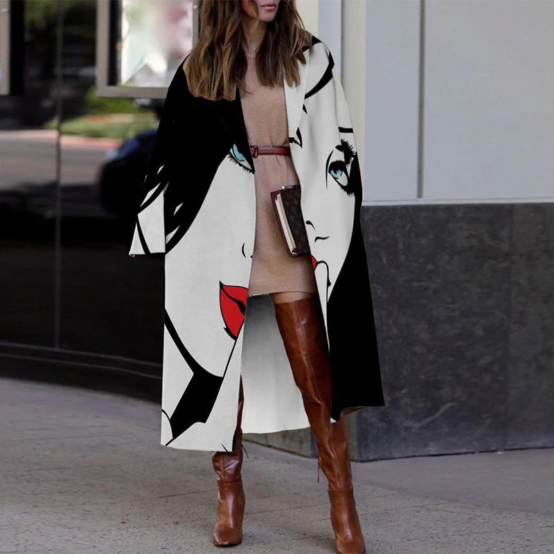 

Vintage Abstract Print Turn-Collar Overcoat Fashion Office Ladies Casual Cardigan New Autumn Winter Warm Women Long Woolen Coats