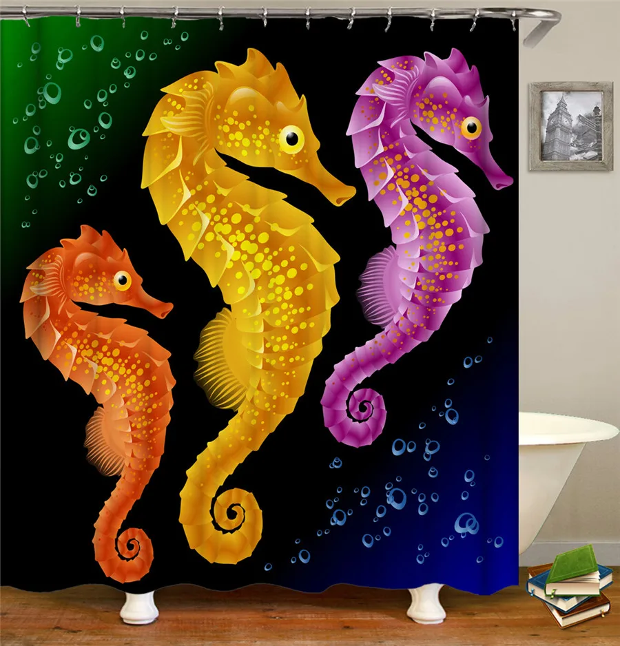 

Bath Curtain Ocean Fish Shark Seahorse Shower Curtains 180*180cm Waterproof Bathroom Home Washable Fabric Bath Screen 12 Hooks
