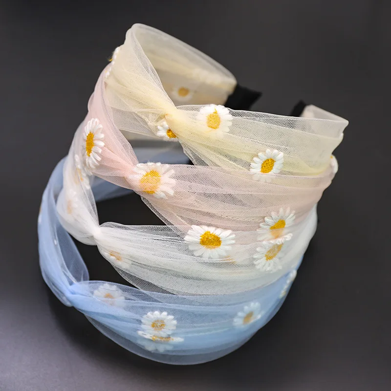 

1PC Summer Daisy Flowers Hair Hoop for Woman Girl Knotted Bezel Lace Transparent Mesh Embroidery Small Hairband Hair Accessories