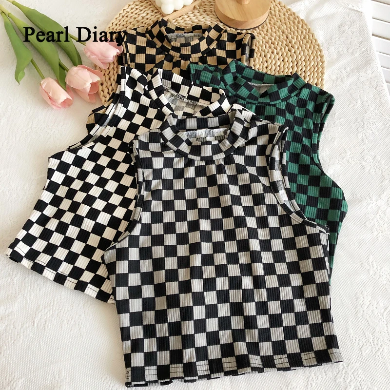 

Pearl Diary Women's Shirt Spring Autumn Western Style Retro Round Neck The Checkerboard Style Sleeveless Tank Women's Blouse