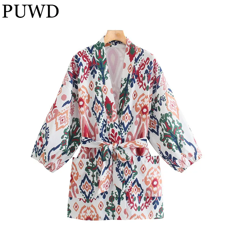 

PUWD Boho Women Mini Dress Long Sleeve V Neck Sashes Festival Ladies Casual Dress 2021 Autumn Fashion Print Female Chic Dresses