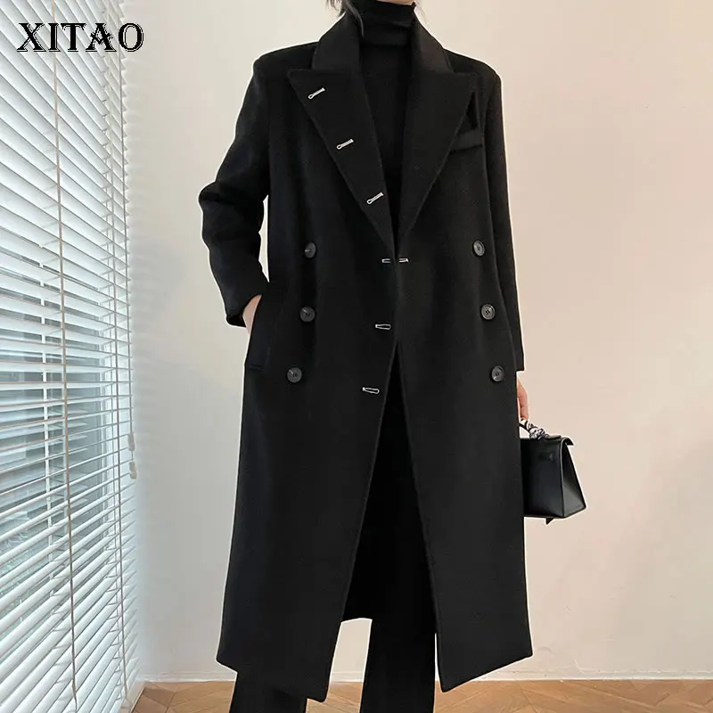 

XITAO, модное черное пальто, простое, темпераментное, двубортное, свободное, с отложным воротником, подходит ко всему, новинка зимы 2021, пальто ...