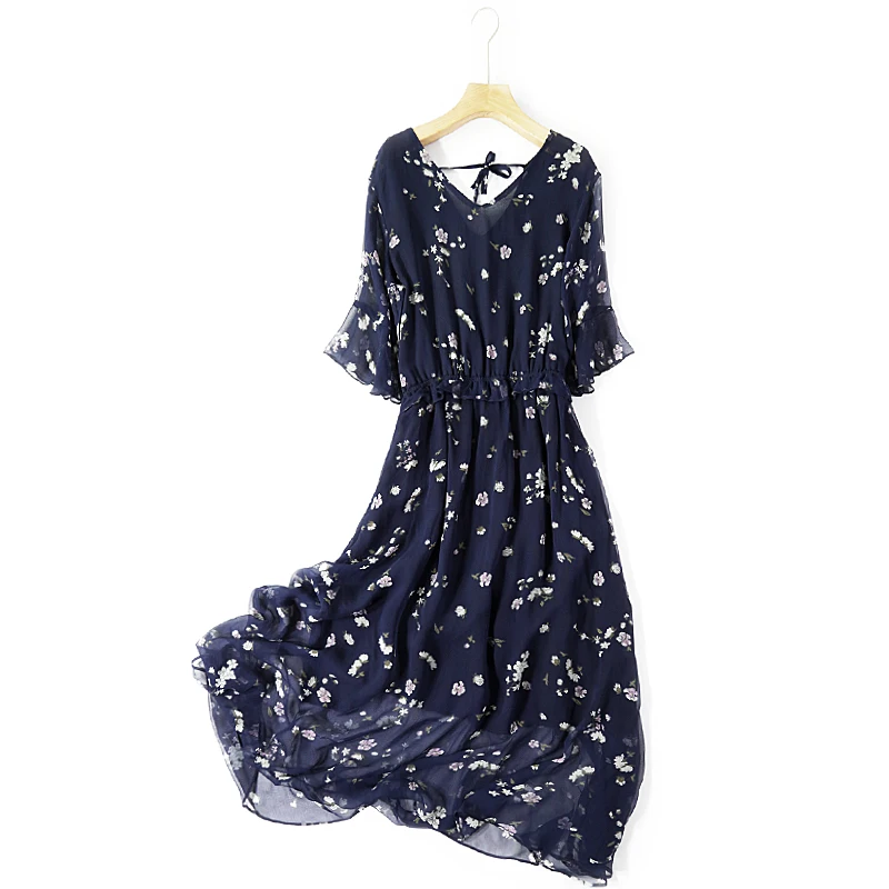 

SHUCHAN Bohemian Print Dress for Women Mid-Calf Flare Sleeve V-Neck Summer Abbigliamento Donna Vestiti Lunghi