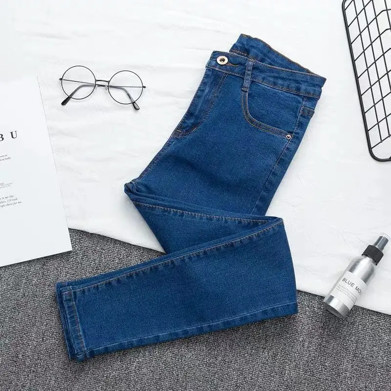 

Large European and American style high waist peach hip elastic light blue jeans pants women's tight and thin bag hip small foot