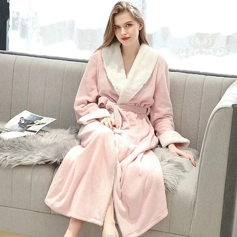 Super Soft Cosy Women's Sherpa Bath Robe - Soft Extra Long Fleece Dressing Gown- Fluffy Faux Fur Trim Long Robe- Gifts for Her