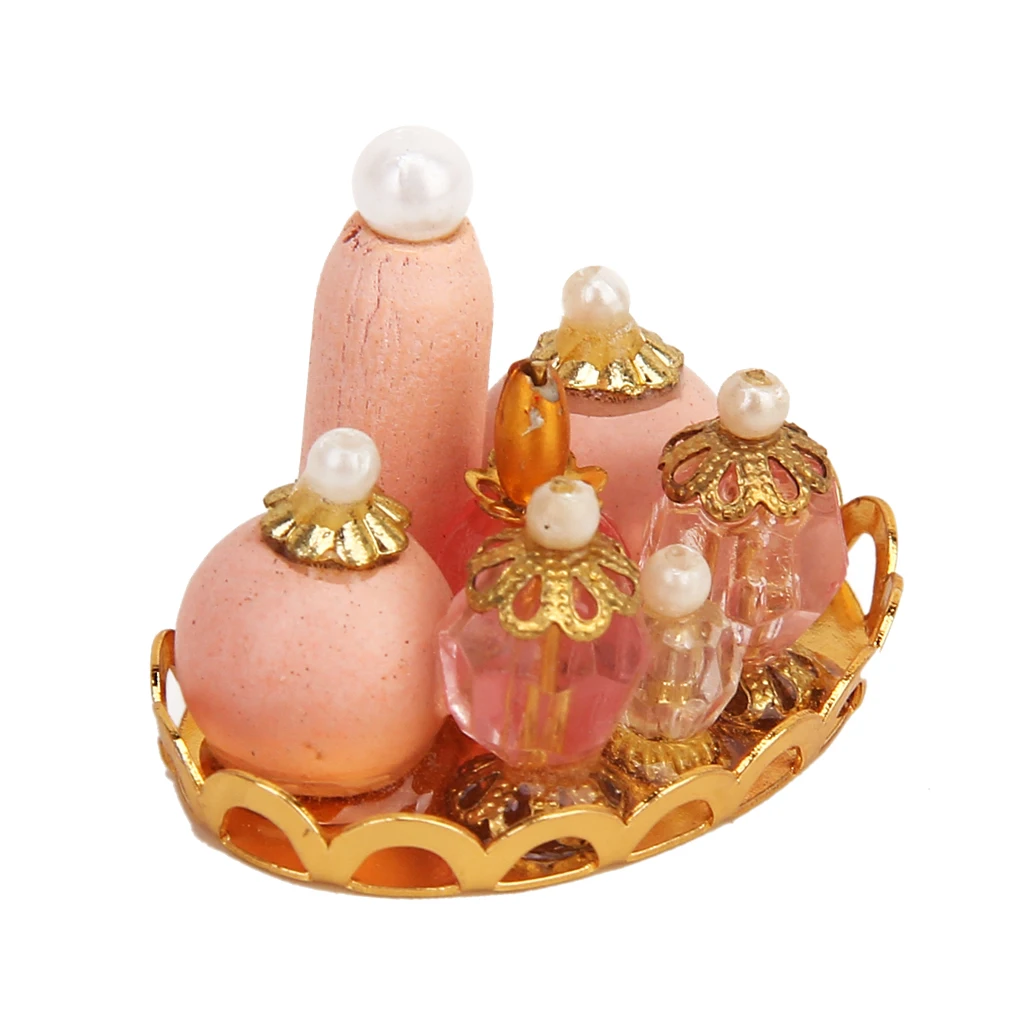 

1/12 Dollhouse Miniature Accessory Pink Perfume Bottles with Golden Tray Set